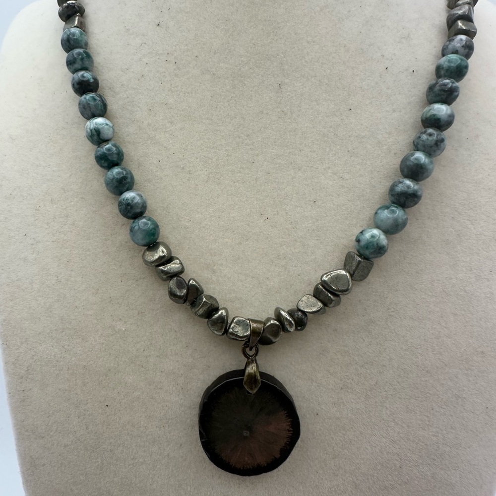 Pyrite and Jade Beaded Necklace with Pyrite Sun Pendant - Picture 4 of 12